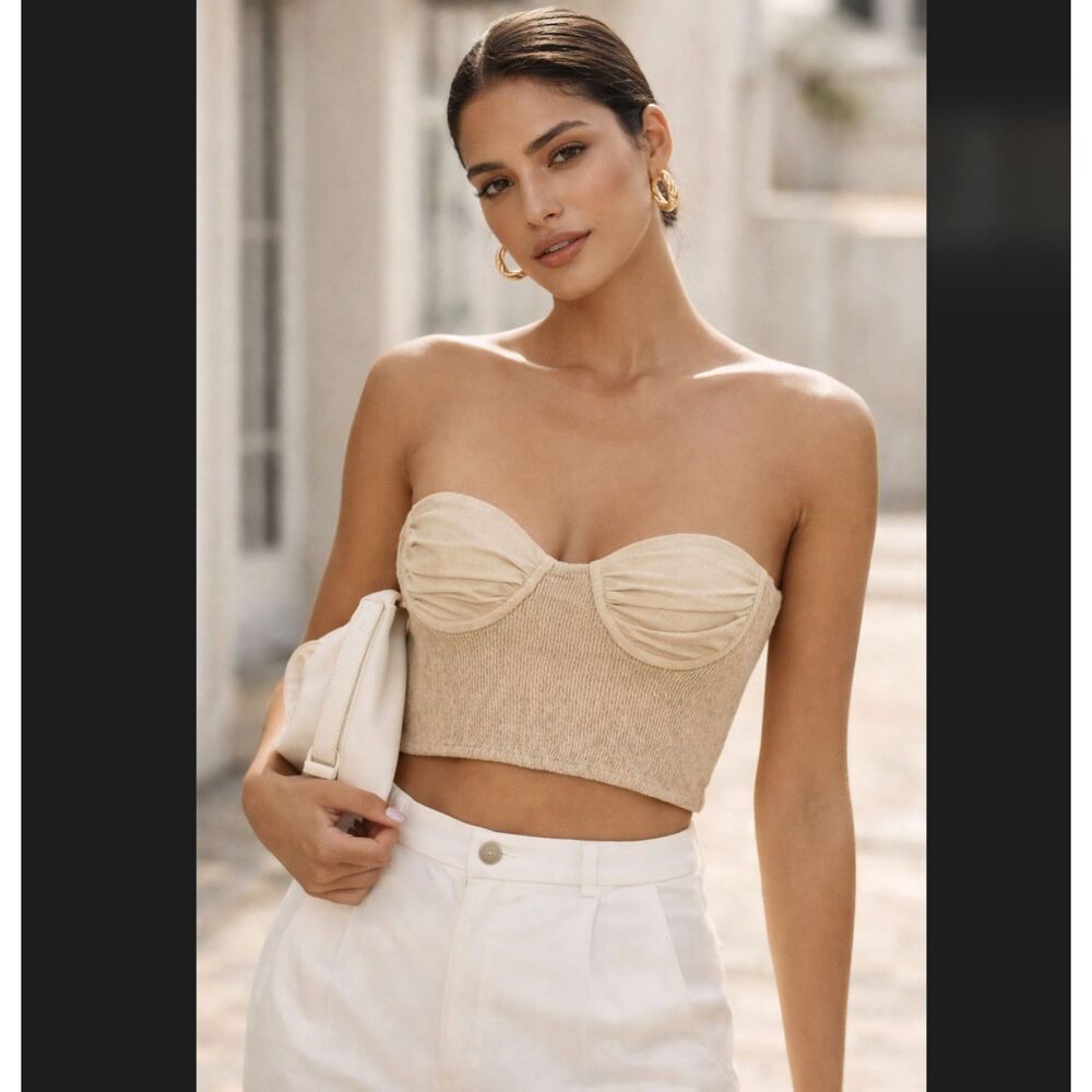 Zara Bustier Crop Top M Beige Linen Blend Underwire Sweetheart Smocked Festival